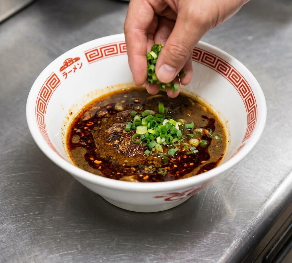 Clear golden chicken broth being poured from a ladle into a ramen bowl mixing with the dark tare sauce to create a rich brown soup.