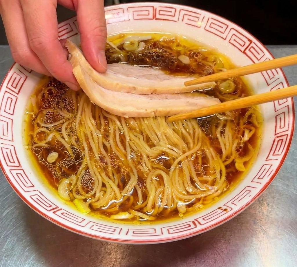 A bowl of ramen containing noodles broth and chashu with a fresh pile of bright green spinach added to the left side.