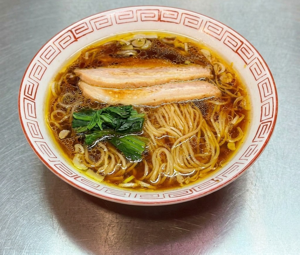 A nearly complete bowl of shoyu ramen being topped with earthy brown bamboo shoots and other garnishes.