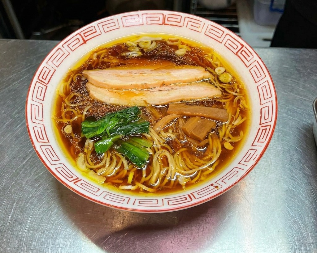 A hand placing a crisp sheet of dark seaweed into the side of a steaming bowl of noodle soup.