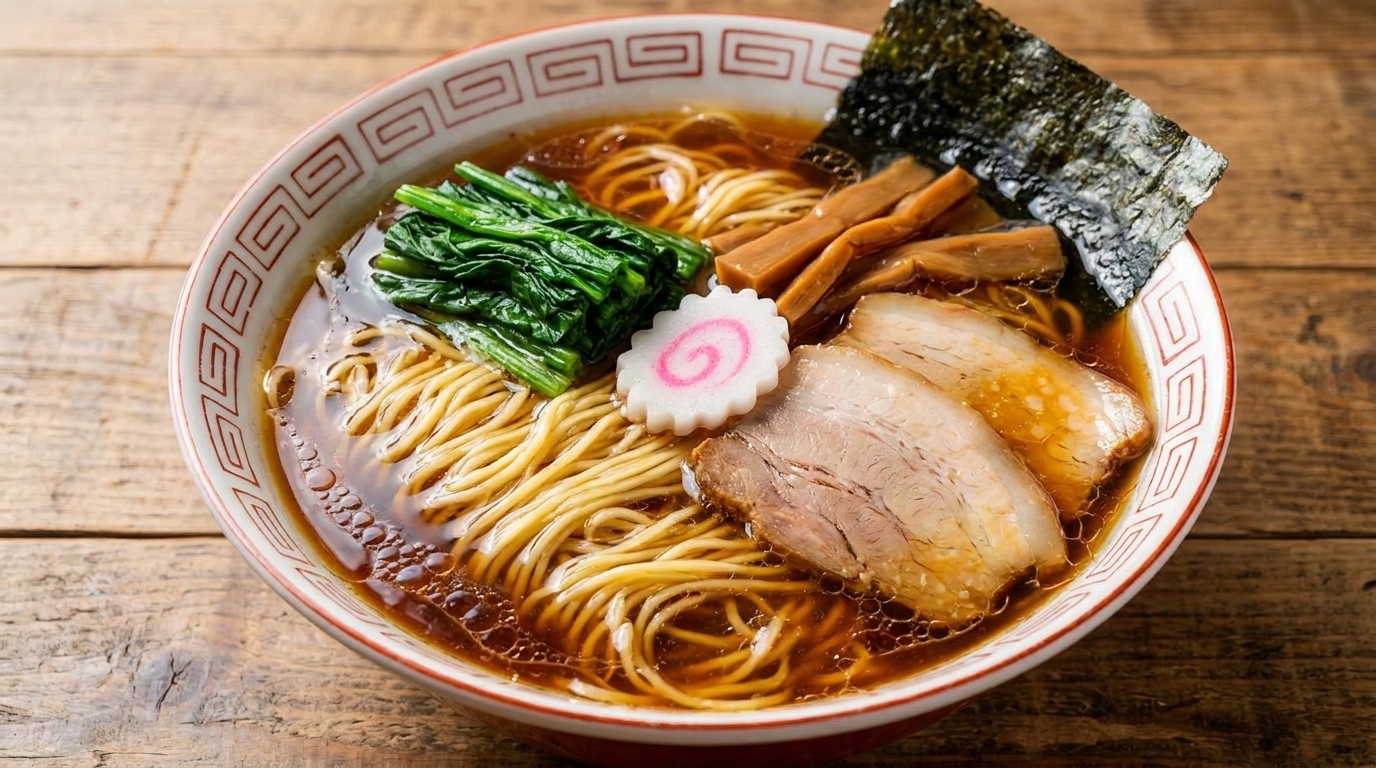 A classic bowl of Shoyu Ramen featuring a clear soy-based broth, straight thin noodles, and traditional toppings like pork chashu and narutomaki.