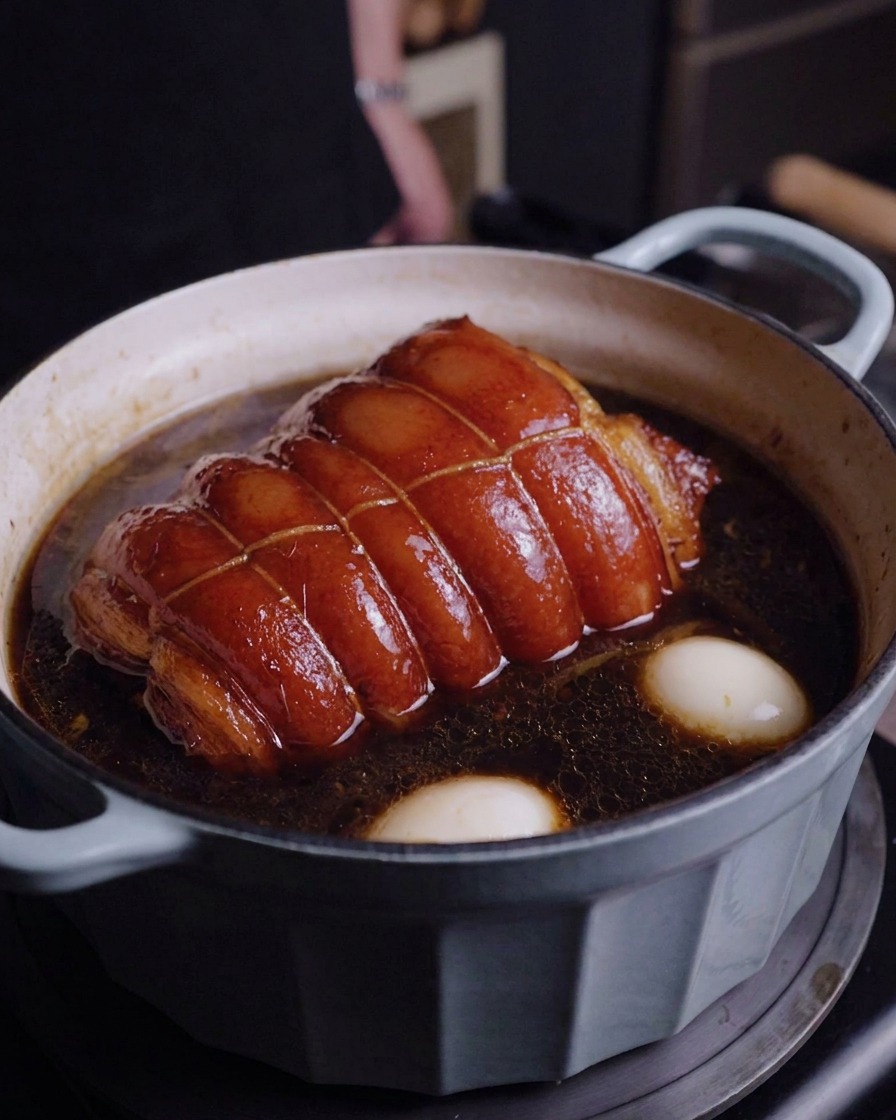 A braised pork roll and two soft-boiled eggs submerged in a dark brown sauce inside a light blue pot.