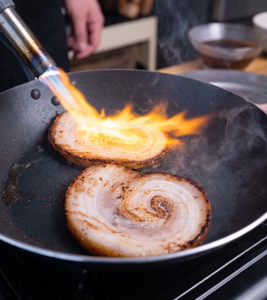 A kitchen torch flaming the surface of thick pork chashu slices in a black pan.