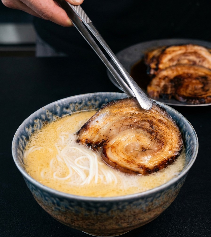 Metal tongs placing a circular, caramelized slice of braised pork belly into a bowl of creamy ramen.