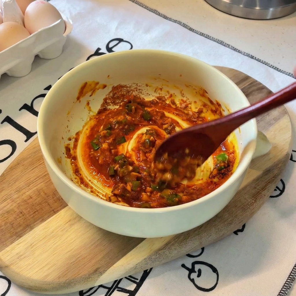 A wooden spoon stirring a thick orange sauce containing sliced green onions inside a small yellow ceramic bowl.