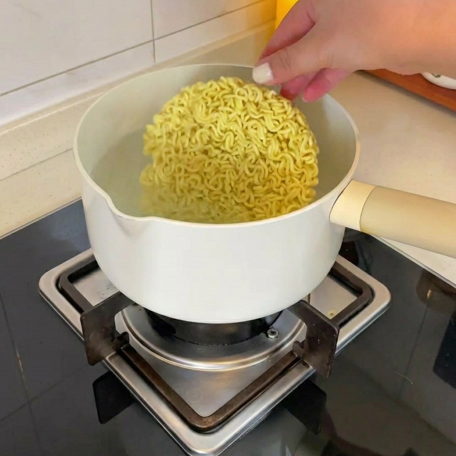 A hand placing a round block of dried instant ramen noodles into a white pot filled with boiling water on a stove.