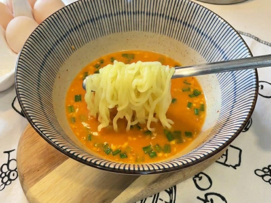 A portion of yellow wavy noodles being lifted with metal chopsticks inside a bowl of creamy orange ramen soup.