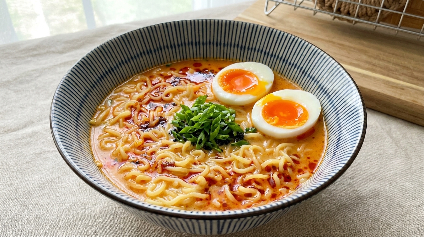 A rich and creamy instant Tonkotsu ramen bowl topped with jammy soft-boiled eggs, scallions, and a drizzle of spicy chili oil.