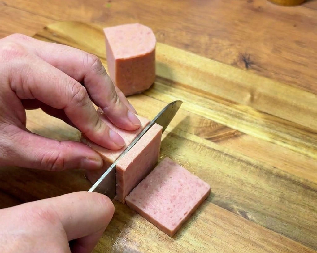 A person using a kitchen knife to slice a pink block of luncheon meat into thick rectangular slabs on a wooden cutting board.