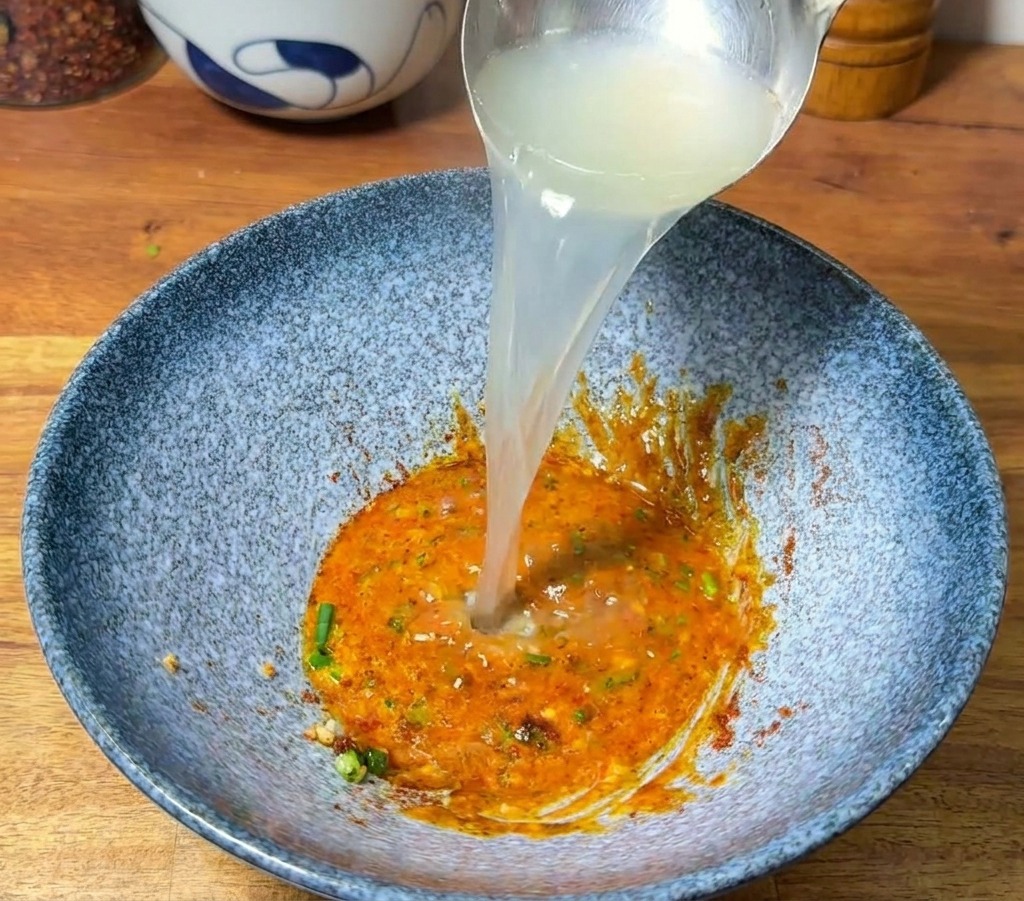 A silver ladle pouring hot, steaming water into a bowl of seasoning paste to create a creamy orange ramen broth.