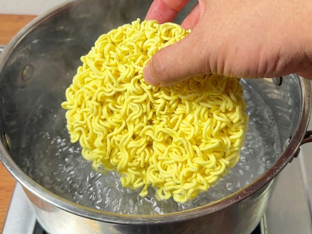 A hand lowering a round block of dry, yellow instant noodles into a pot of boiling water.