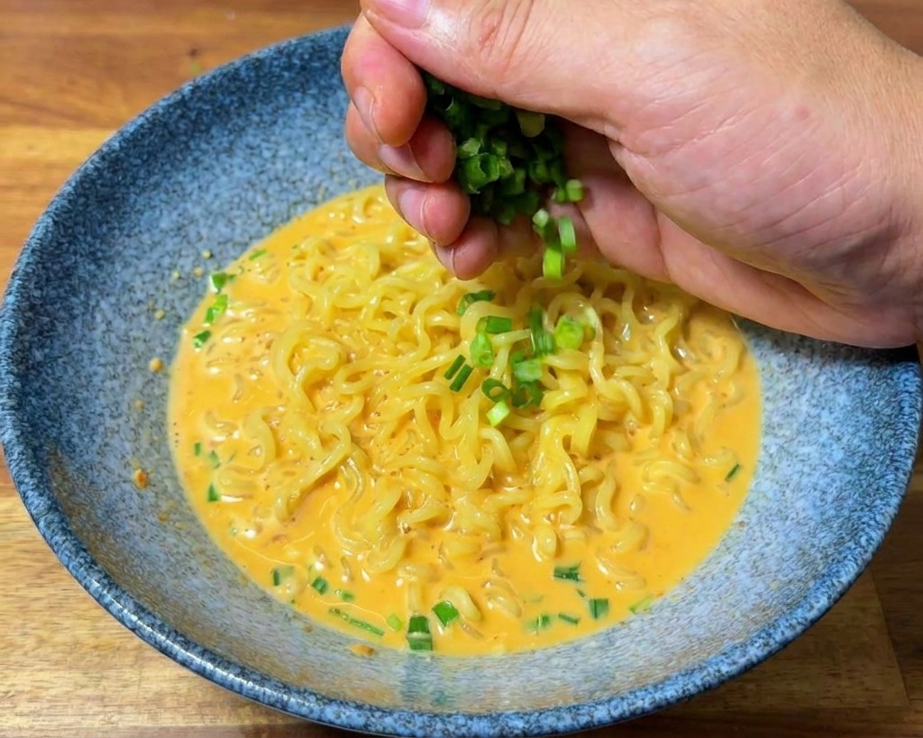 A hand sprinkling a pile of chopped green onions onto a bowl of ramen noodles in creamy broth.