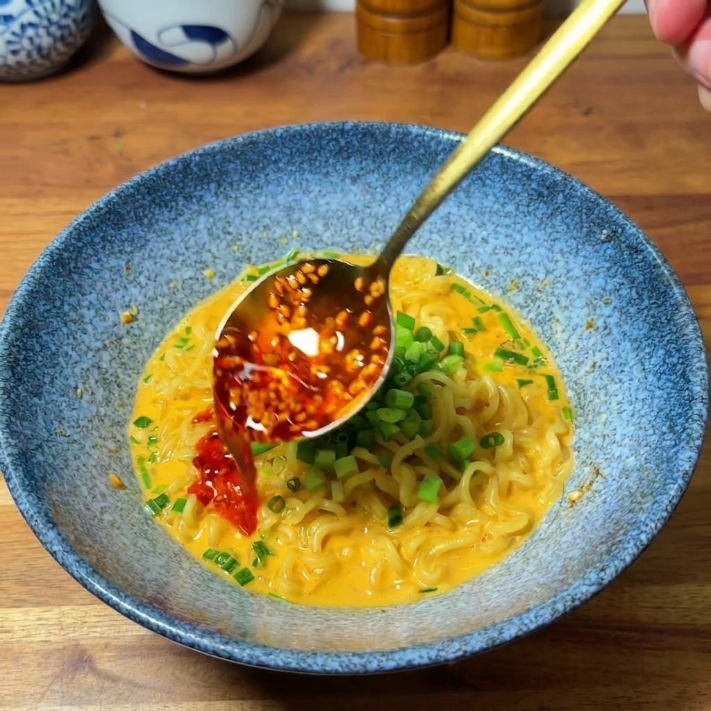 A golden spoon drizzling vibrant red chili oil and sesame seeds onto a bowl of creamy ramen topped with fresh green onions.