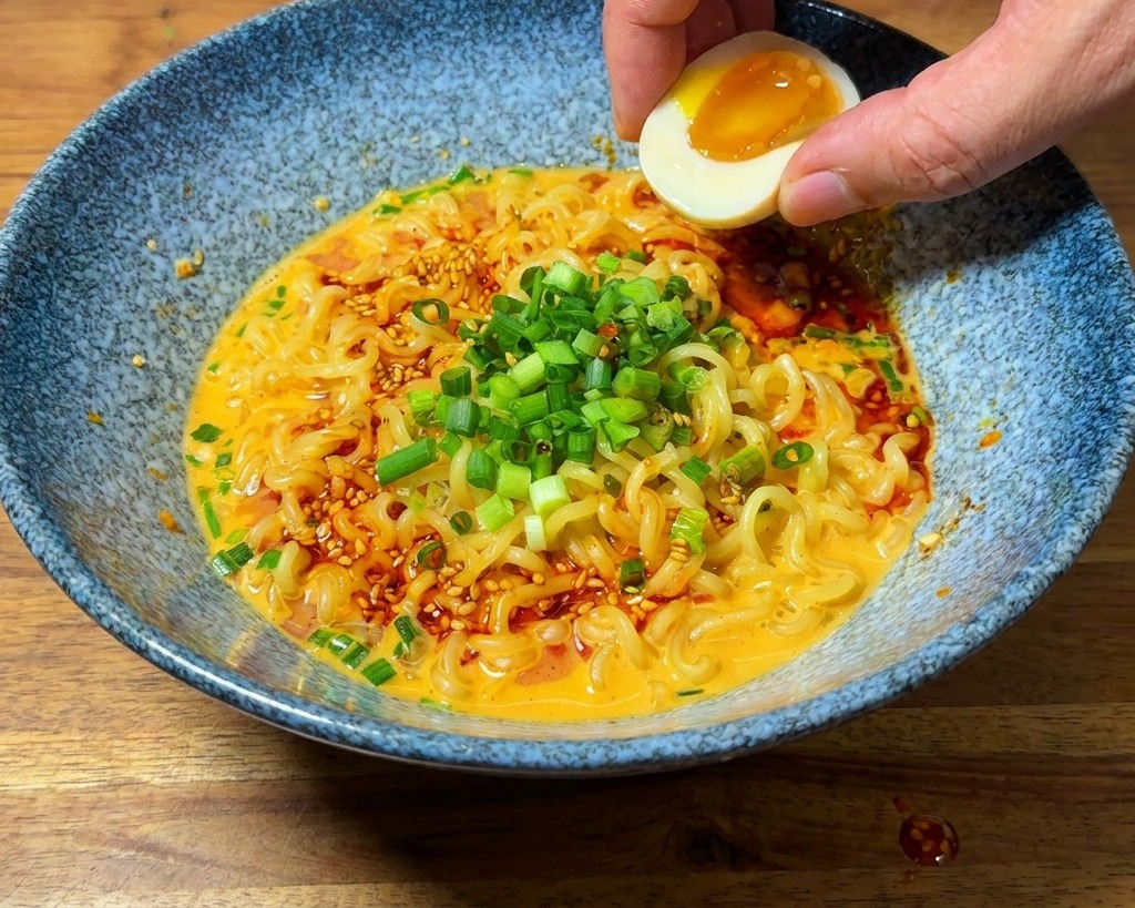 A hand placing a half of a soft-boiled egg with a runny golden yolk onto a bowl of ramen noodles.