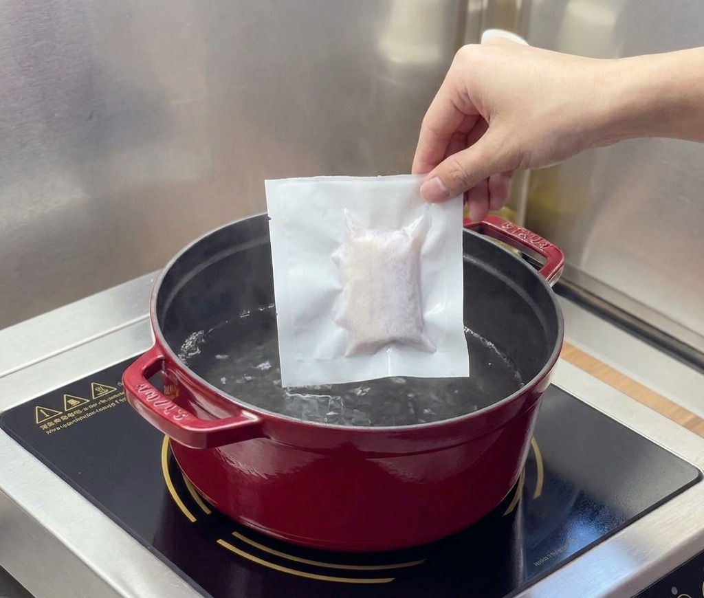 A hand holds a white vacuum-sealed packet of meat over a pot of steaming hot water on an induction stove.