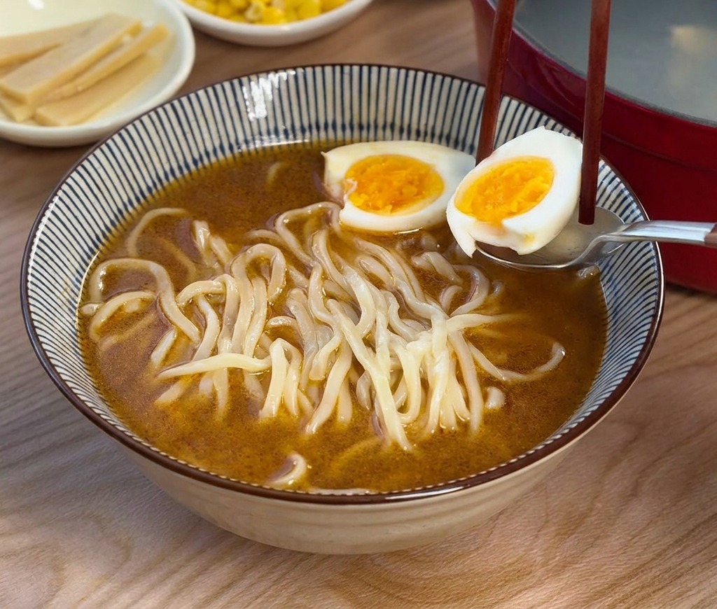 A spoon and chopsticks being used to place two halves of a soft-boiled egg with bright orange yolks onto ramen noodles.