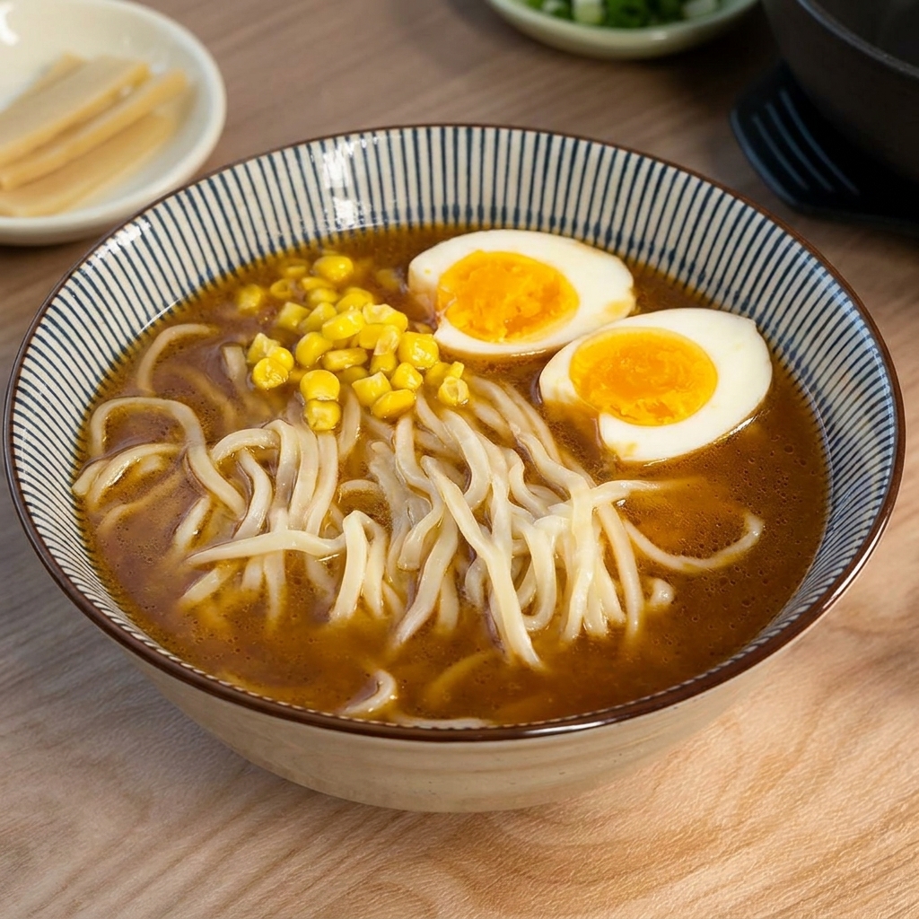 A cluster of bright yellow corn kernels resting on top of ramen noodles in a bowl of miso soup next to an egg.
