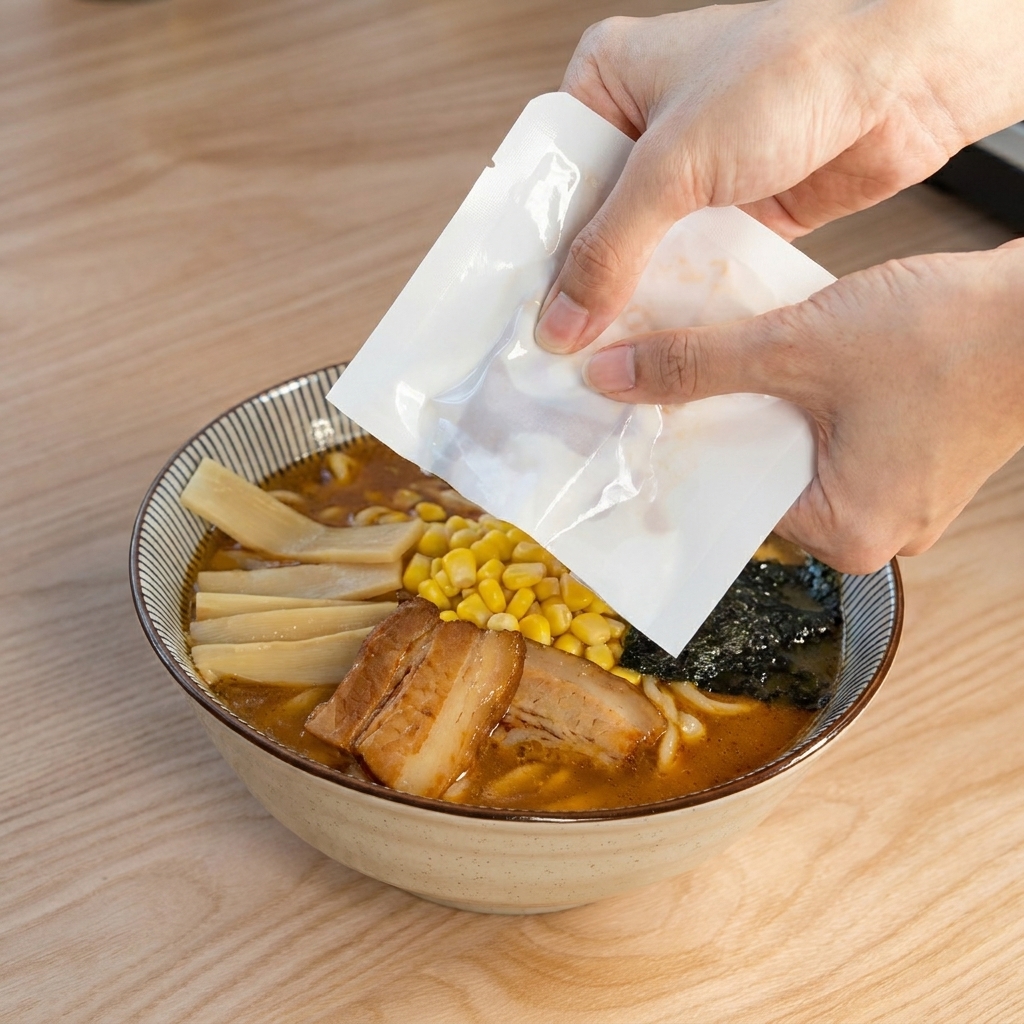 A hand pouring a thick slice of marinated chashu pork from a plastic warming pouch onto a bowl of ramen.