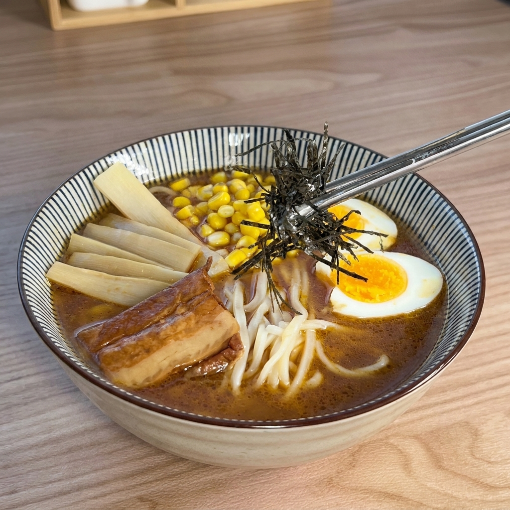 Metal chopsticks placing a pile of dark, shredded nori seaweed onto a nearly finished bowl of ramen.