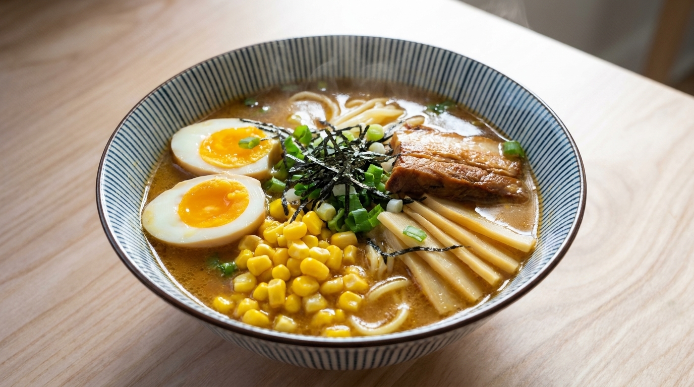 Authentic Miso Ramen topped with a soft-boiled egg, chashu pork, sweet corn, and bamboo shoots.