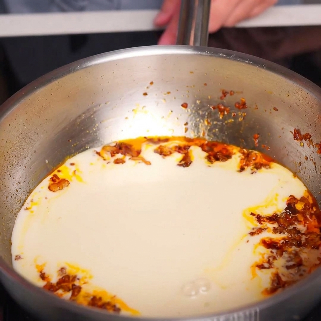 A stainless steel pan filled with a creamy, pale-orange soup base with visible droplets of oil on the surface.