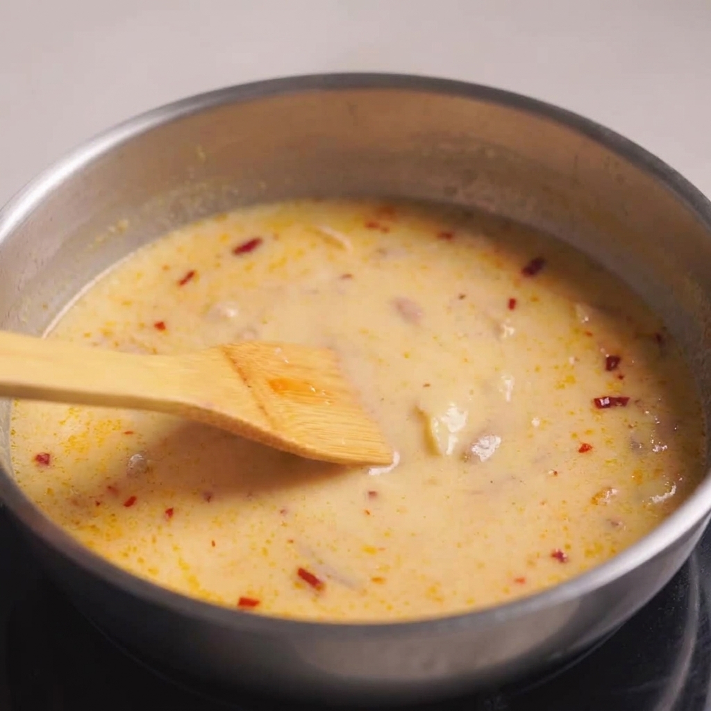 A wooden spatula stirring a creamy, orange-tinted soup broth in a stainless steel pan to combine ingredients.