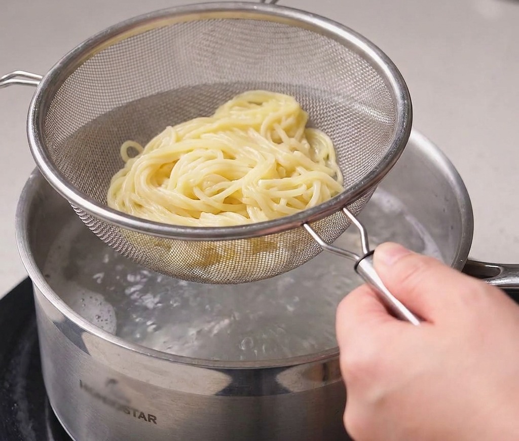 A metal mesh strainer holding a bundle of cooked yellow noodles above a pot of steaming water.