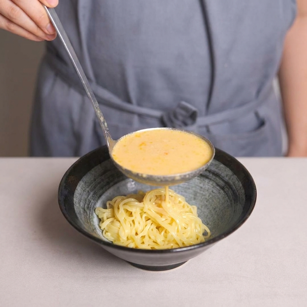A metal ladle pouring rich, creamy yellow soup over a bed of cooked noodles in a dark bowl.