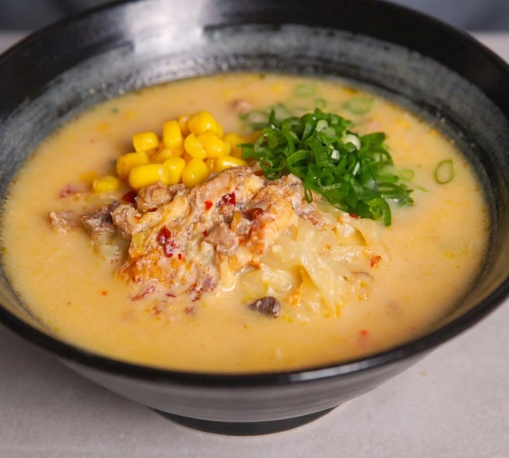 A close-up shot of a bowl of ramen featuring a pile of freshly sliced green spring onions alongside sweet corn kernels on top of the broth.