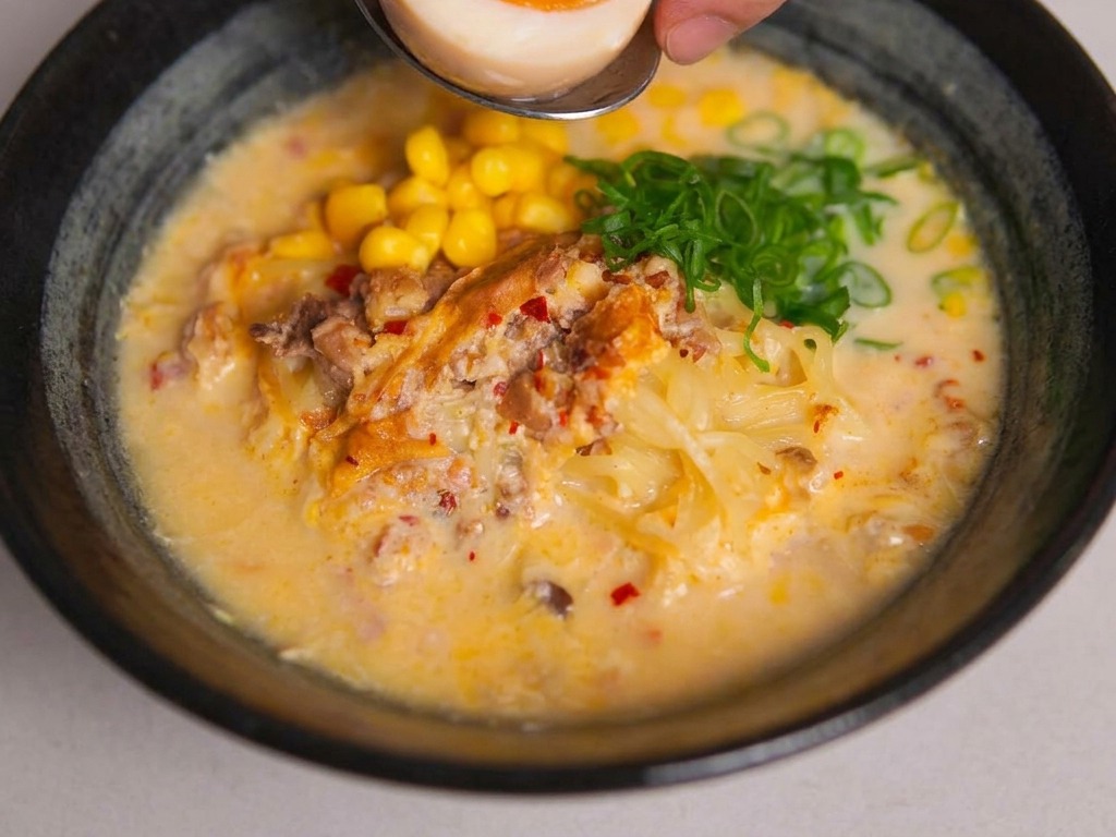 A hand placing a half-cut soft-boiled egg with a bright orange yolk onto a completed bowl of ramen using a metal spoon.