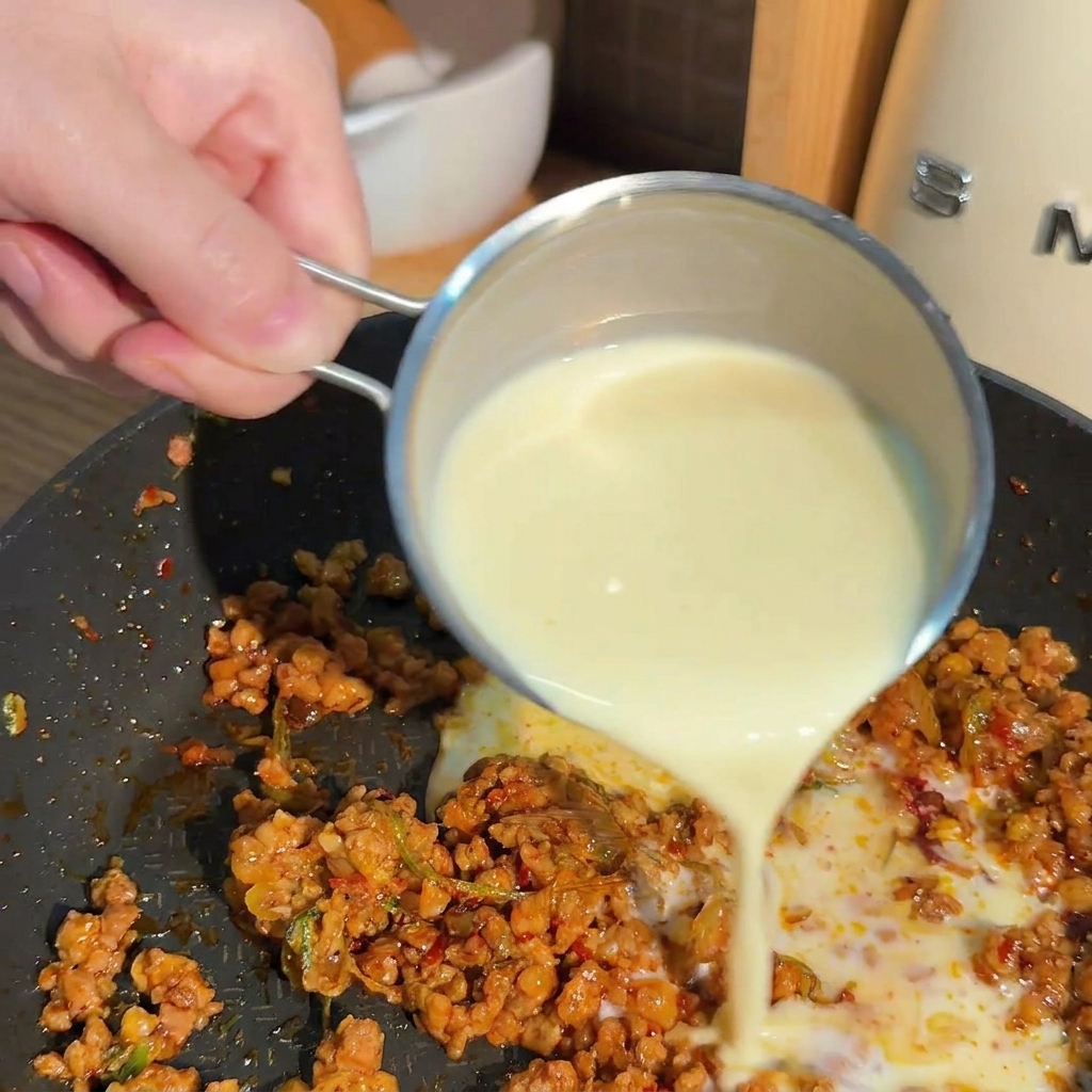 Fresh white soybean milk being poured from a small stainless steel cup into a frying pan containing cooked minced meat and red sauce.
