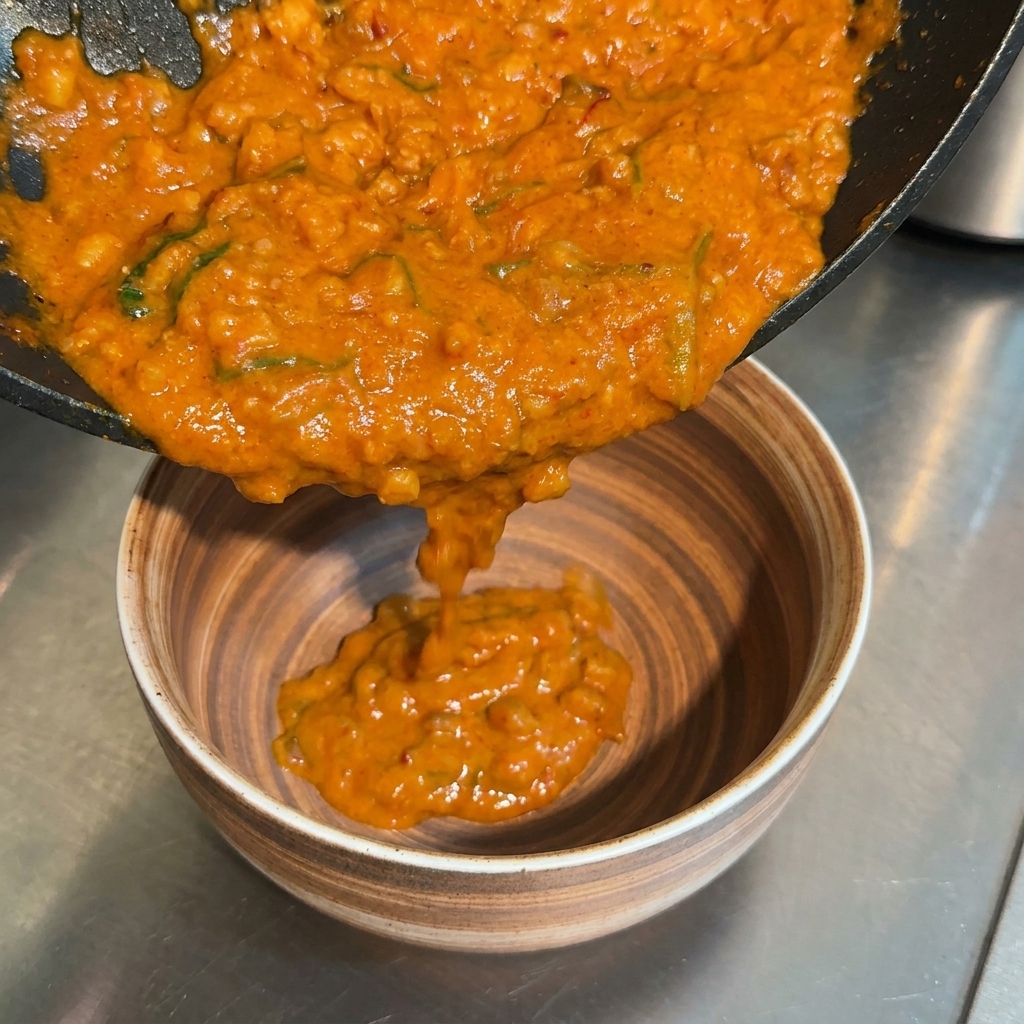 Thick, orange-colored miso dipping sauce being poured from a black frying pan into a wooden-patterned ceramic bowl.