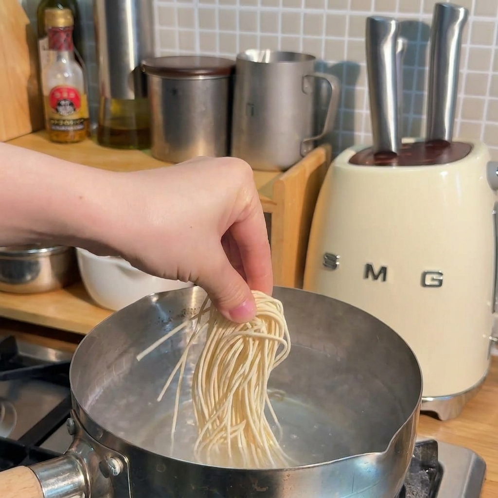 A bundle of long dry ramen noodles being dropped into a stainless steel pot of boiling water.