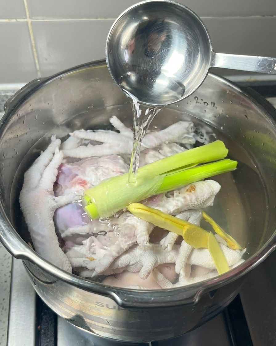 A stainless steel pressure cooker filled with raw chicken feet, ginger, and green onions, as clear white wine is poured in from a metal ladle.