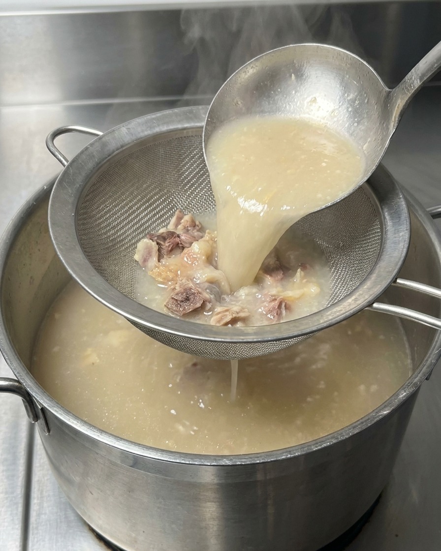Milky white pork bone broth being poured through a metal sieve containing cooked meat and bone fragments into a stainless steel pot.