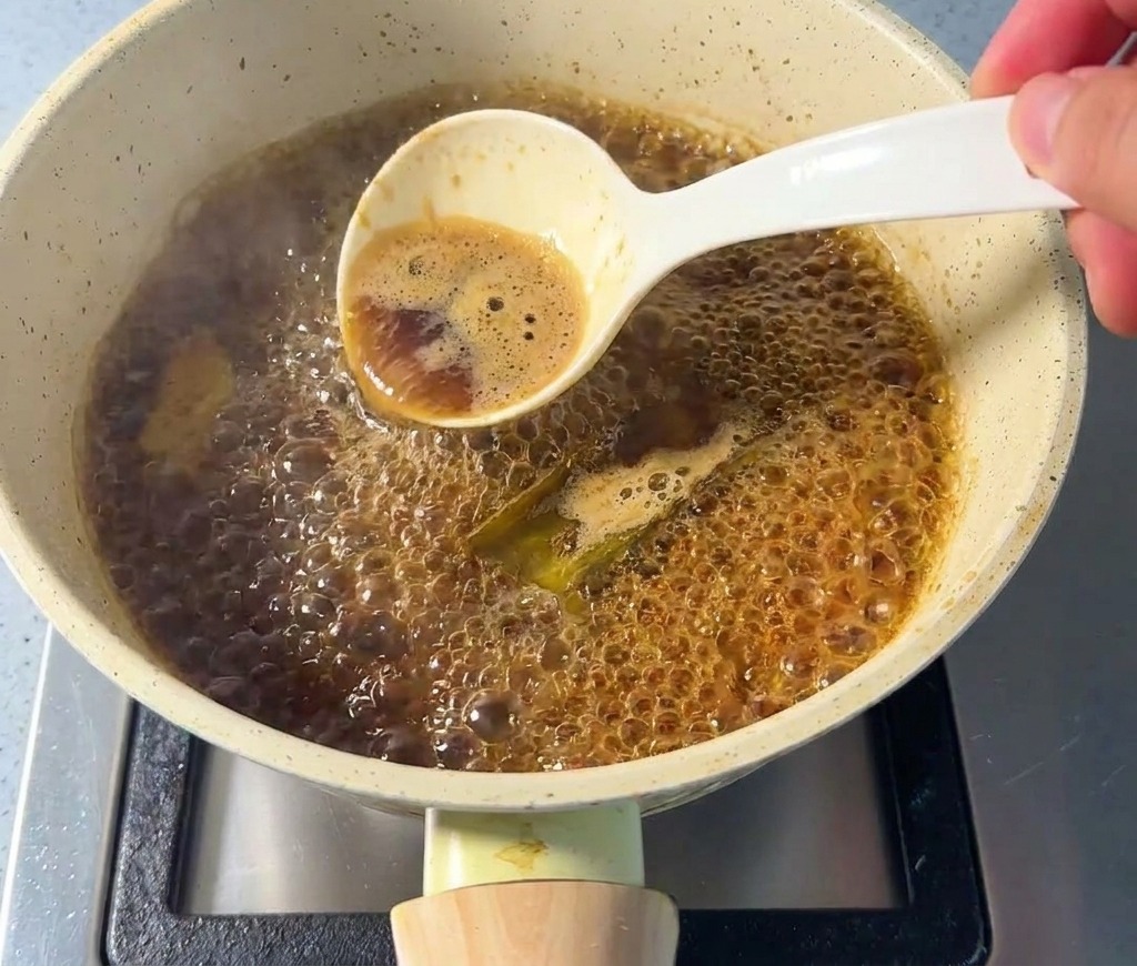 A hand holding a white spoon to skim foam from the surface of a bubbling dark brown sauce in a pan.