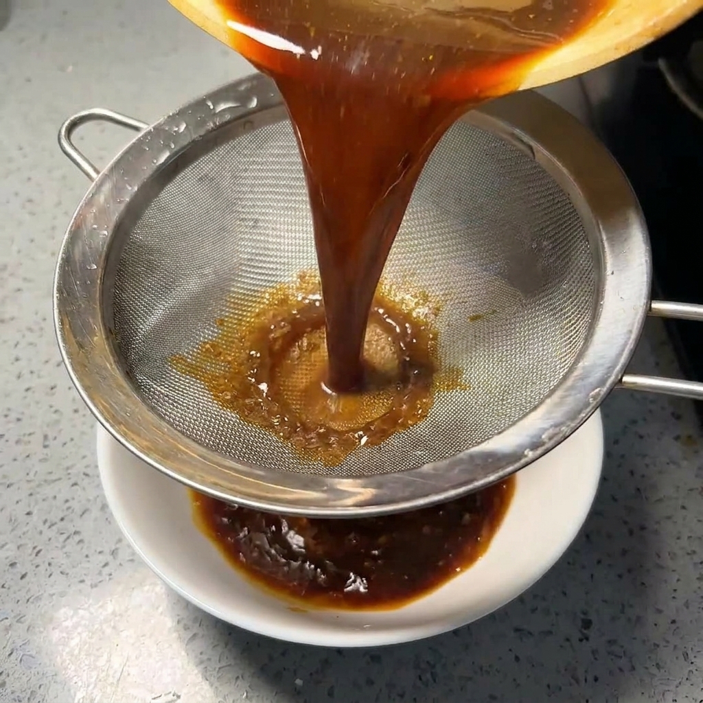 Dark, concentrated seasoning sauce being filtered through a metal sieve into a white ceramic bowl.