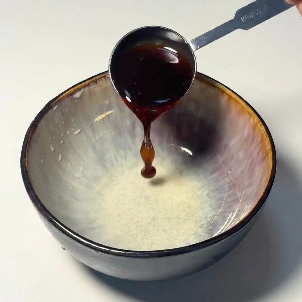 Pouring a spoonful of dark, syrupy seasoning sauce into the bottom of a decorative ceramic dipping bowl.