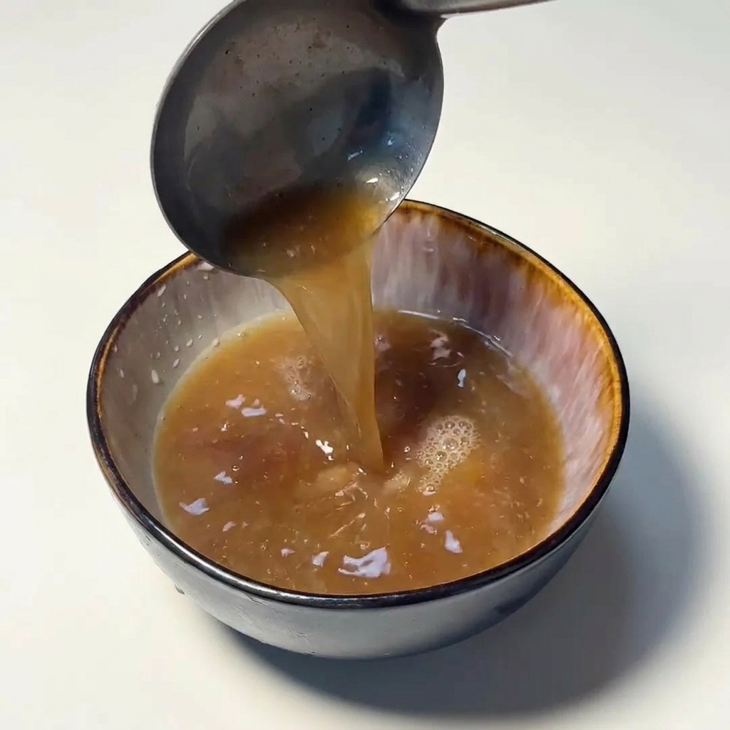 A metal ladle pouring a stream of opaque, light brown pork bone broth into a ceramic dipping bowl.