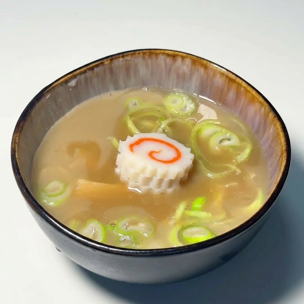 A bowl of dipping broth featuring a narutomaki fish cake, bamboo shoots, and sliced green onions.