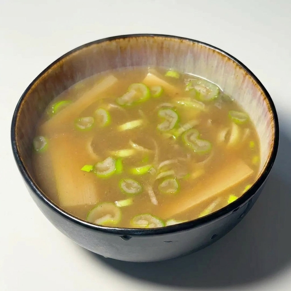 The finished dipping bowl for tsukemen, with green onions and bamboo shoots floating in a rich seafood broth.