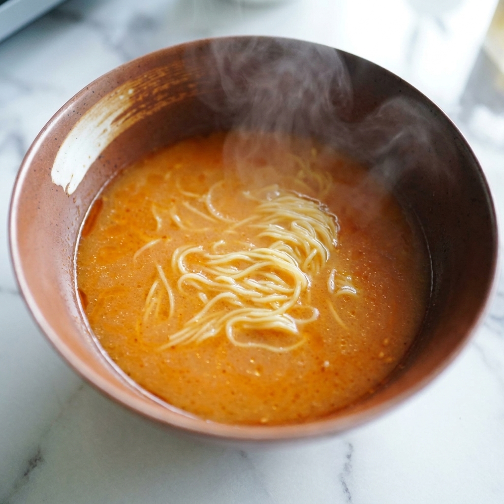 Cooked yellow ramen noodles being placed into a bowl filled with hot, orange-tinted miso broth.