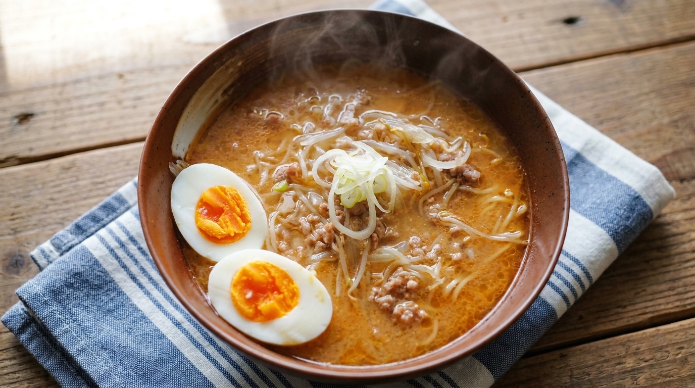 A steaming bowl of Sapporo miso ramen featuring rich orange broth, stir-fried pork, bean sprouts, and jammy soft-boiled eggs.