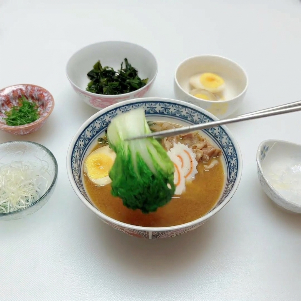 A hand using silver chopsticks to place a portion of blanched green bok choy into a bowl of miso ramen already topped with meat and eggs.