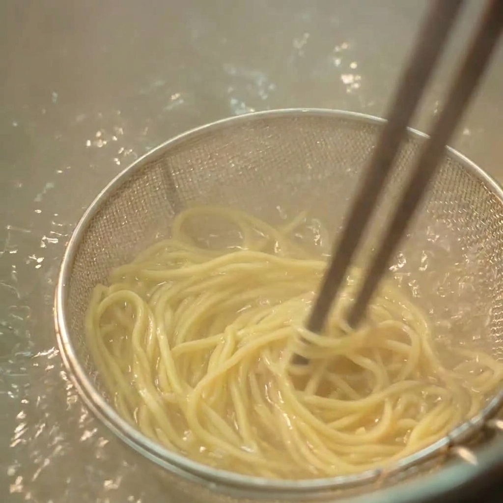 Close-up of wooden chopsticks stirring yellow ramen noodles inside a metal strainer submerged in bubbling water.
