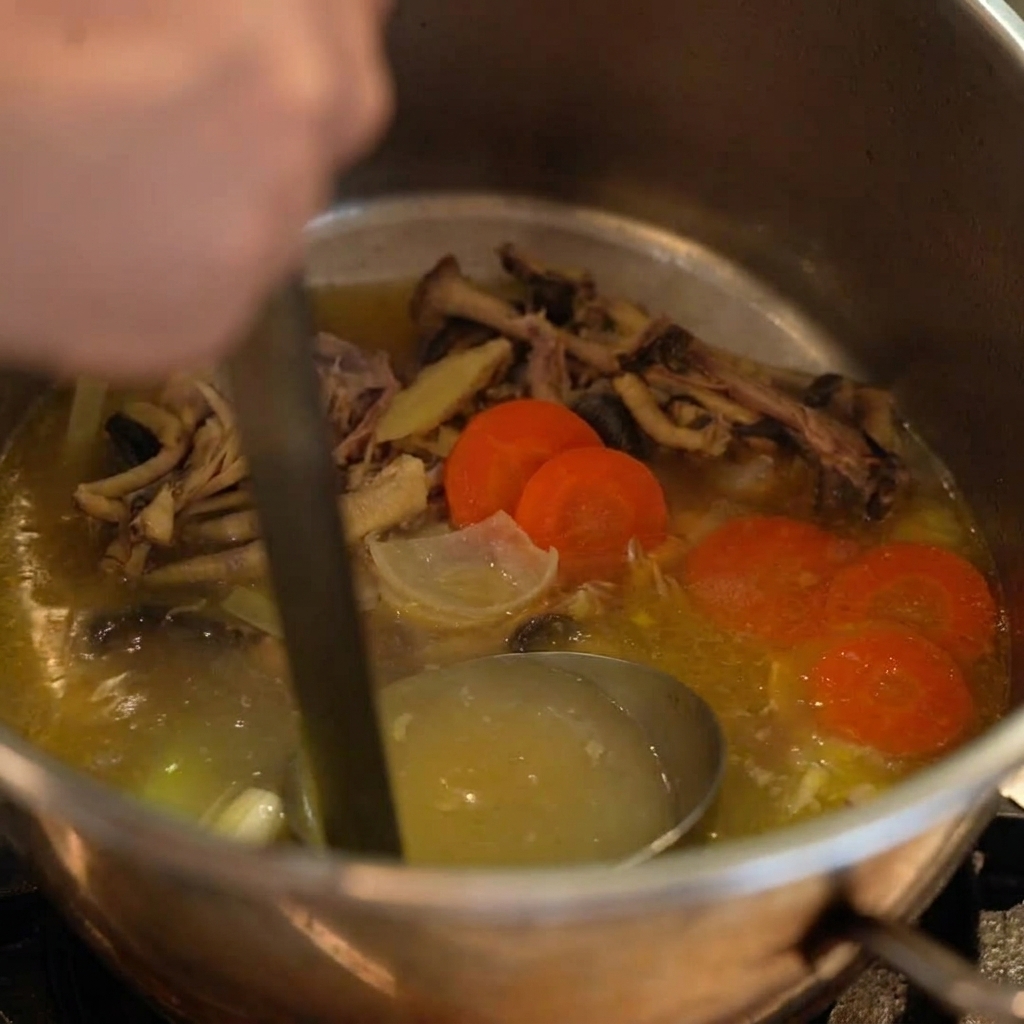 A metal ladle stirring a golden broth filled with cooked chicken pieces and sliced carrots in a deep stainless steel pot.