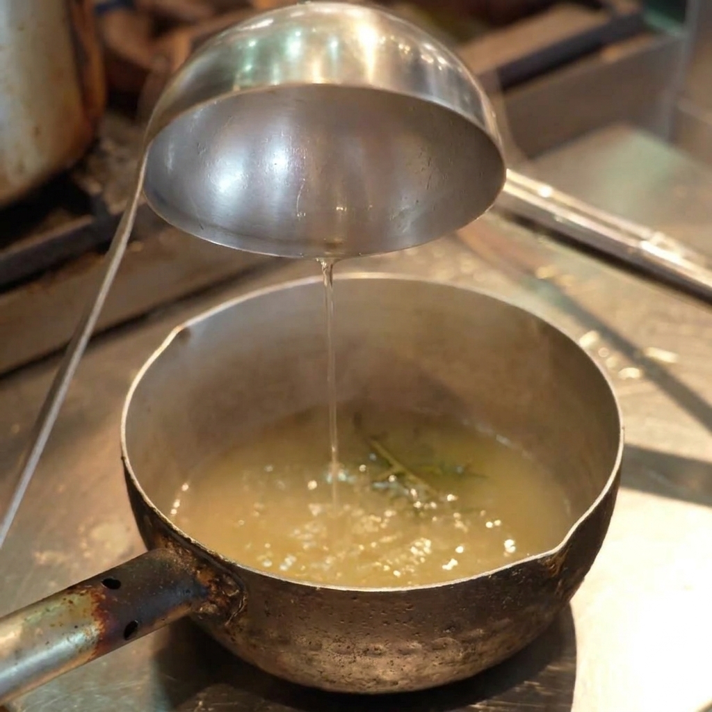 A small pot on a gas stove burner with steam rising from the clear boiling broth inside.