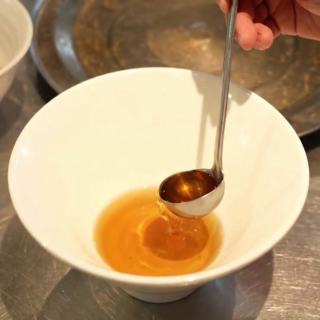A small ladle pouring golden-brown liquid seasoning into the bottom of an empty white ceramic bowl.
