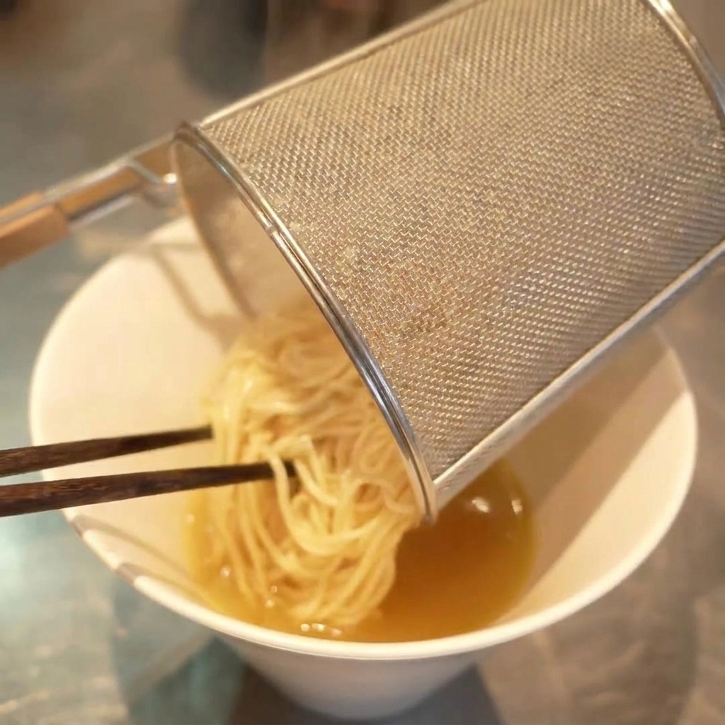 Noodles being poured from a cylindrical mesh ramen strainer into a white bowl filled with hot, clear broth.