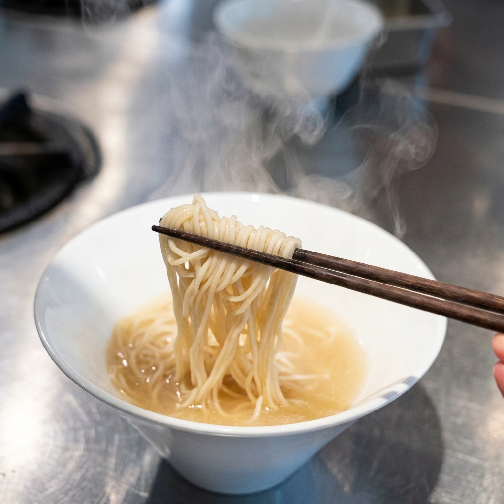 A bundle of steaming ramen noodles being lifted and arranged with dark wooden chopsticks inside a white bowl of broth.
